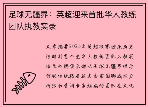 足球无疆界：英超迎来首批华人教练团队执教实录