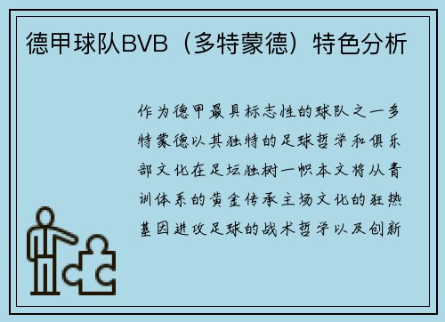 德甲球队BVB（多特蒙德）特色分析